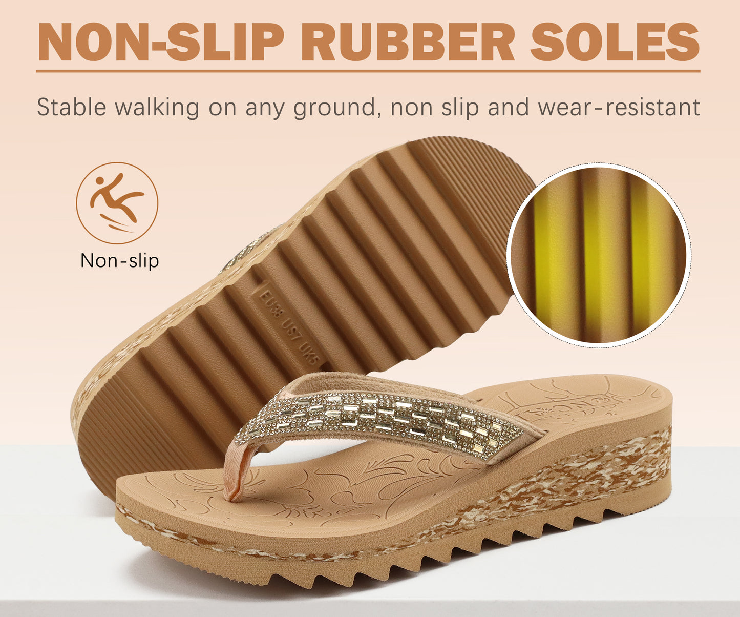 ONCAI Women's Wedge Flip Flops with Rhinestone,Recovery Dressy Walking Sandals for Women with Comfortable Arch Support Cushion Yoga Mat Summer Slip On Rubber Soles (Size 5-11 US)