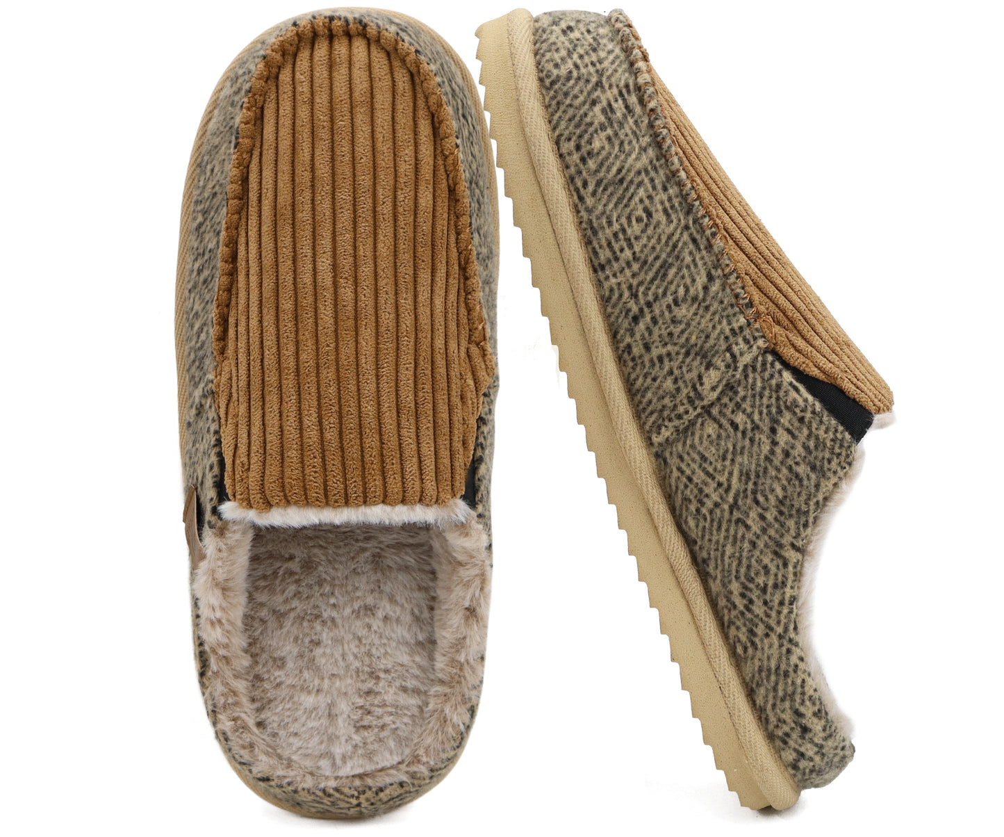 ONCAI Mens Slippers,Warm Comfort Memory Foam Cotton-Blend Corduroy Stripe Faux Fur House Shoes for Man Indoor/Outdoor with Non-slip Rubber Soles US Size 7-16