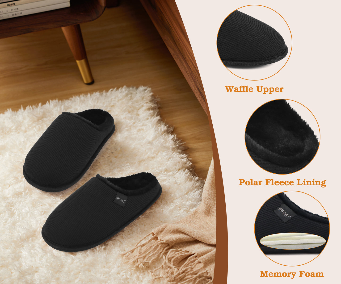 ONCAI Women's House Slippers, Cushion Memory Foam Waffle Upper Home Comfortable Warm Winter Cozy Soft Lightweight Indoor Best House Shoes Non-slip Rubber Sole US Size 5-11