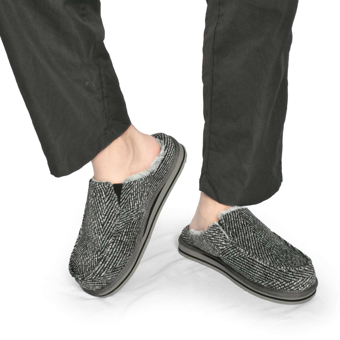 ONCAI Mens Clog Slippers with Arch Support Stripe Faux Fur Cotton-Blend High-Density Memory Foam Warm House Slippers Slip-on Indoor Outdoor Rubber Sole Size 7-16