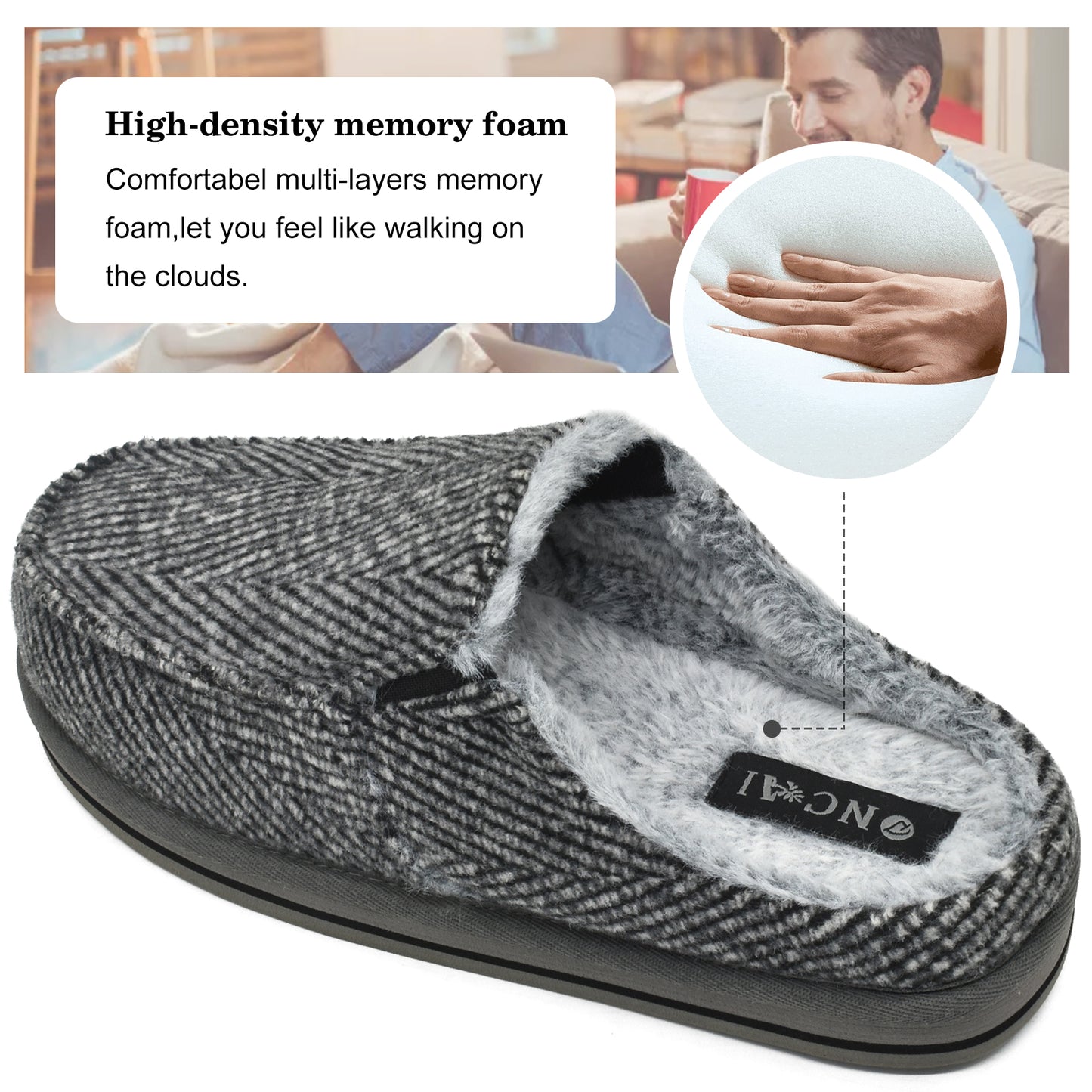 ONCAI Mens Clog Slippers with Arch Support Stripe Faux Fur Cotton-Blend High-Density Memory Foam Warm House Slippers Slip-on Indoor Outdoor Rubber Sole Size 7-16