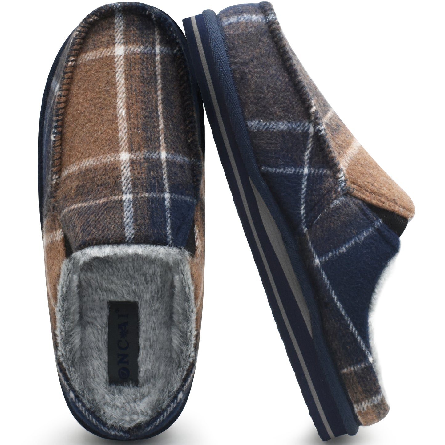 ONCAI Mens Clog Slippers with Arch Support Stripe Faux Fur Cotton-Blend High-Density Memory Foam Warm House Slippers Slip-on Indoor Outdoor Rubber Sole Size 7-16