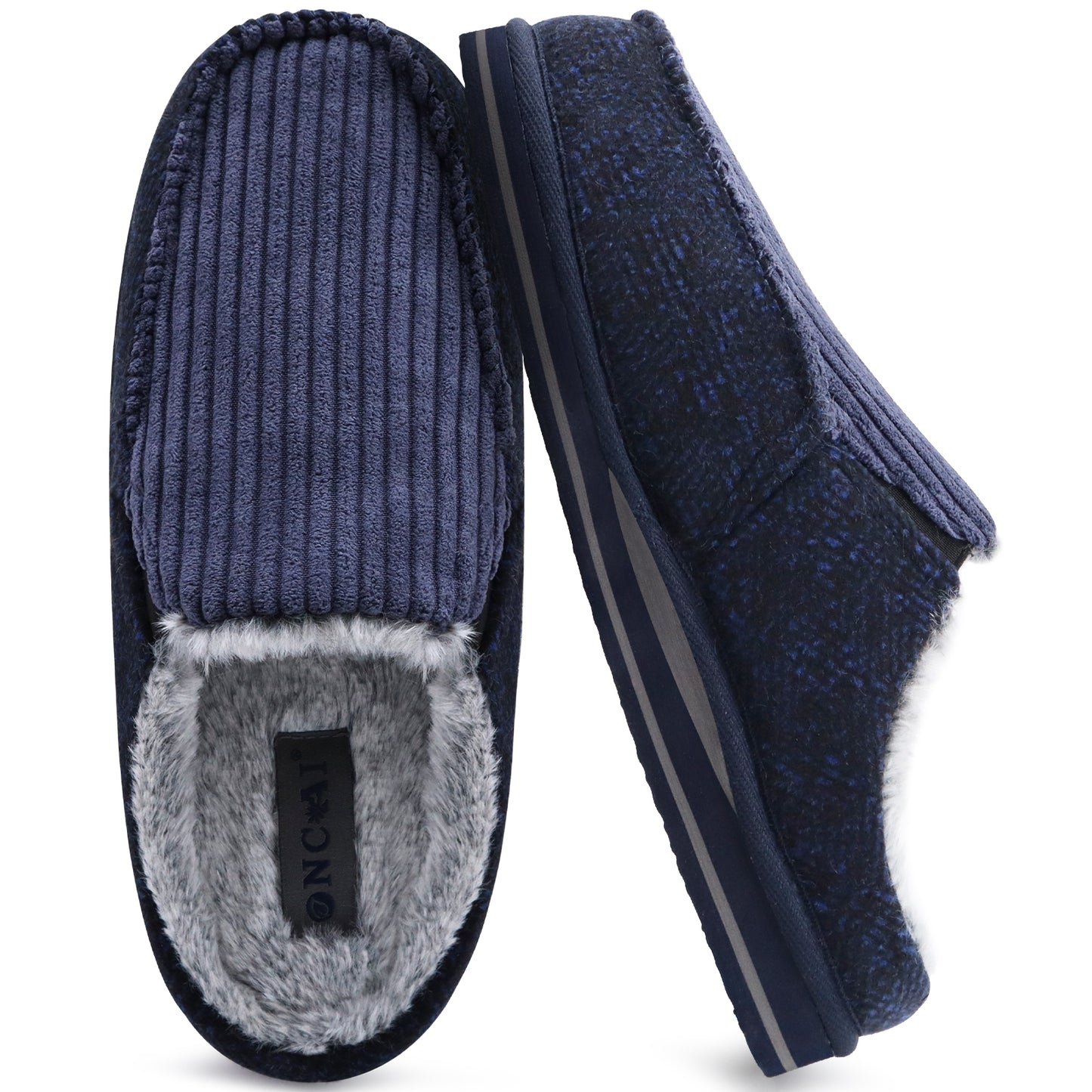 ONCAI Mens Clog Slippers with Arch Support Stripe Faux Fur Cotton-Blend High-Density Memory Foam Warm House Slippers Slip-on Indoor Outdoor Rubber Sole Size 7-16
