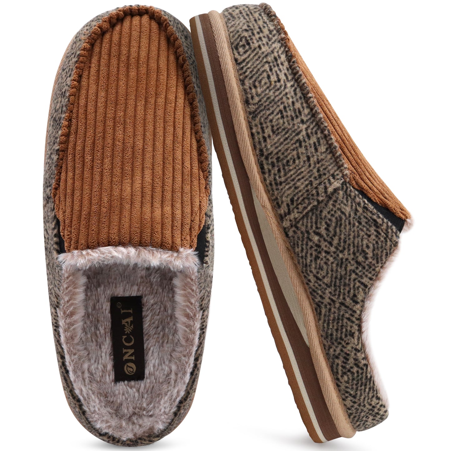 ONCAI Mens Clog Slippers with Arch Support Stripe Faux Fur Cotton-Blend High-Density Memory Foam Warm House Slippers Slip-on Indoor Outdoor Rubber Sole Size 7-16