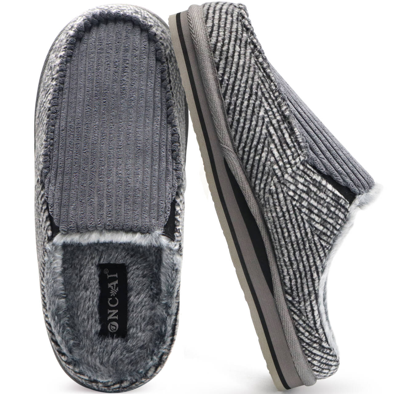 ONCAI Mens Clog Slippers with Arch Support Stripe Faux Fur Cotton-Blend High-Density Memory Foam Warm House Slippers Slip-on Indoor Outdoor Rubber Sole Size 7-16
