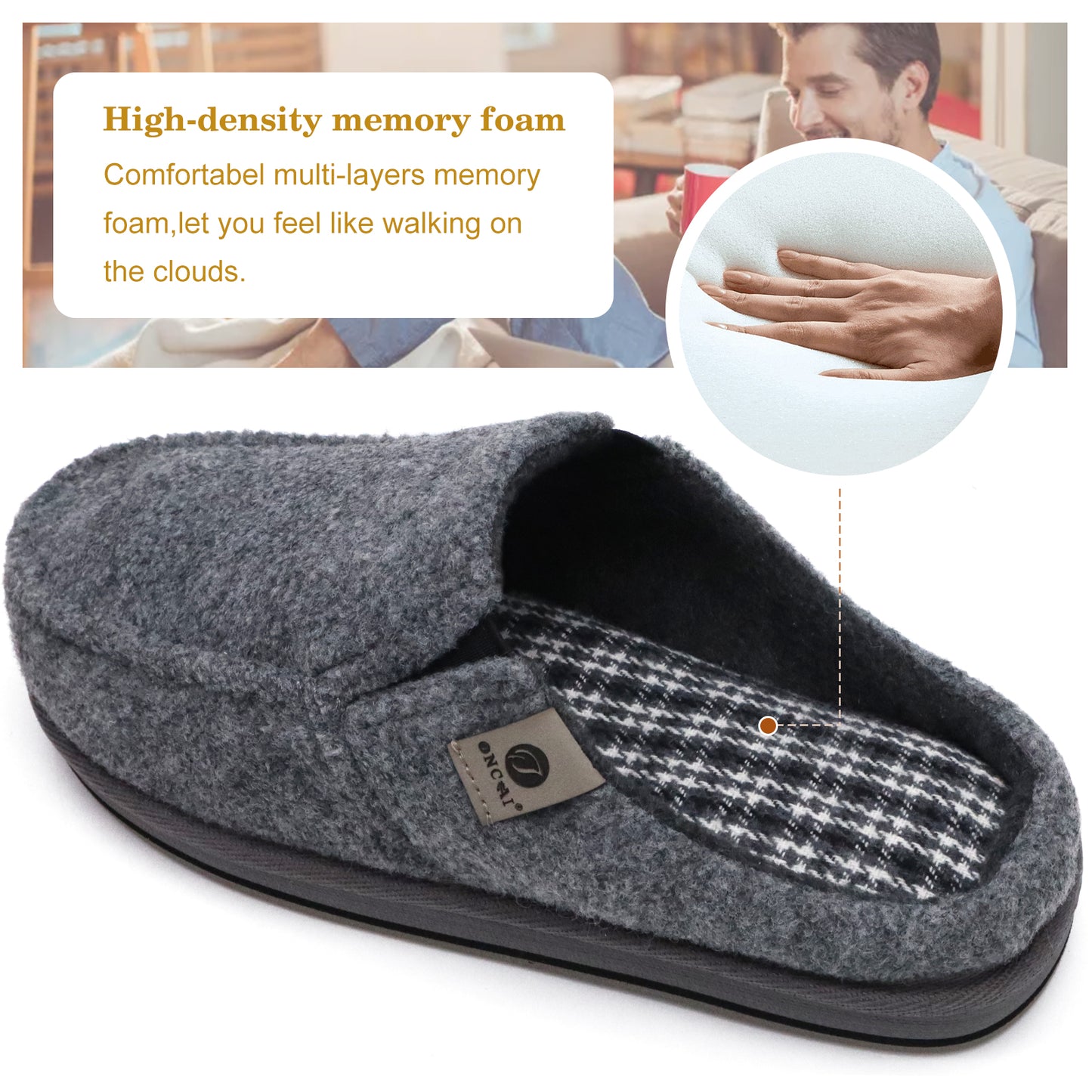 ONCAI Mens Slippers with Orthotic Arch Support,Cotton-Blend High-Density Memory Foam Plantar Fasciitis House Slippers Warm Clogs Slip-on Indoor Outdoor Rubber Sole Felt US Size 7-16