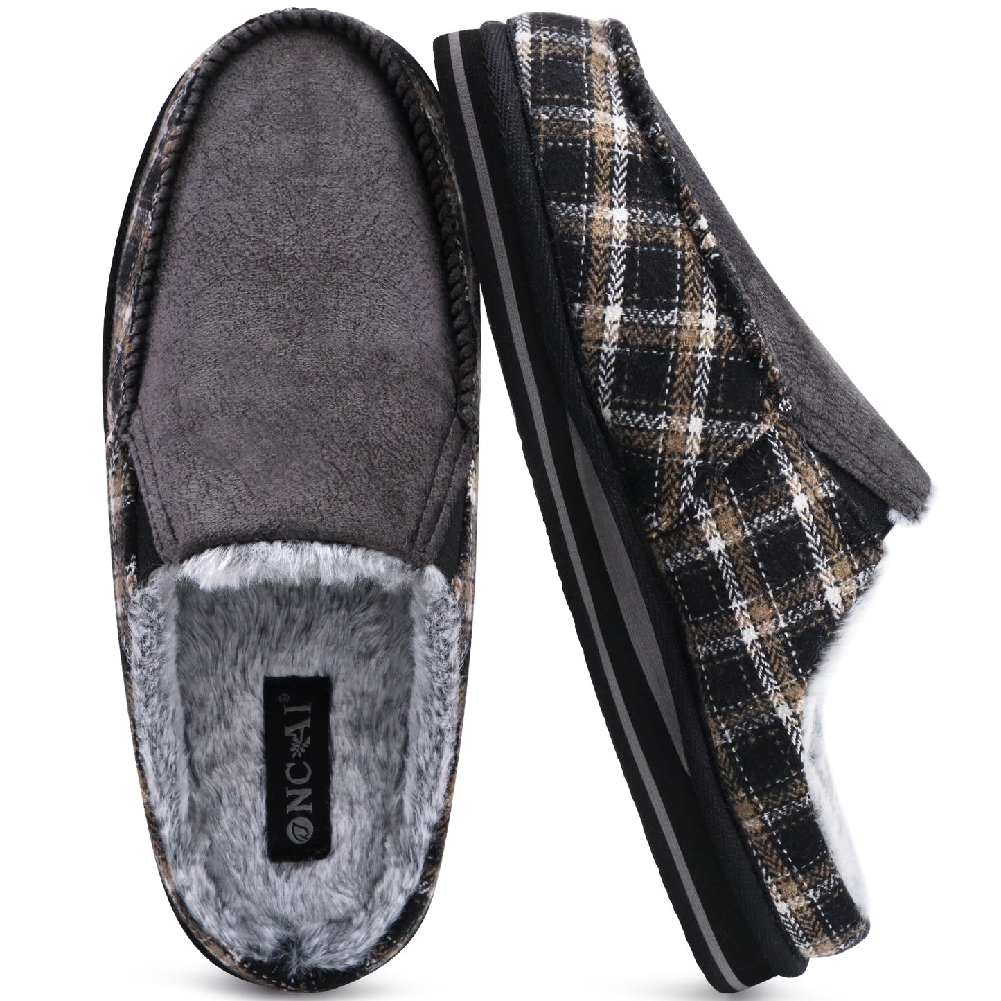 ONCAI Mens Clog Slippers with Arch Support Stripe Faux Fur Cotton-Blend High-Density Memory Foam Warm House Slippers Slip-on Indoor Outdoor Rubber Sole Size 7-16