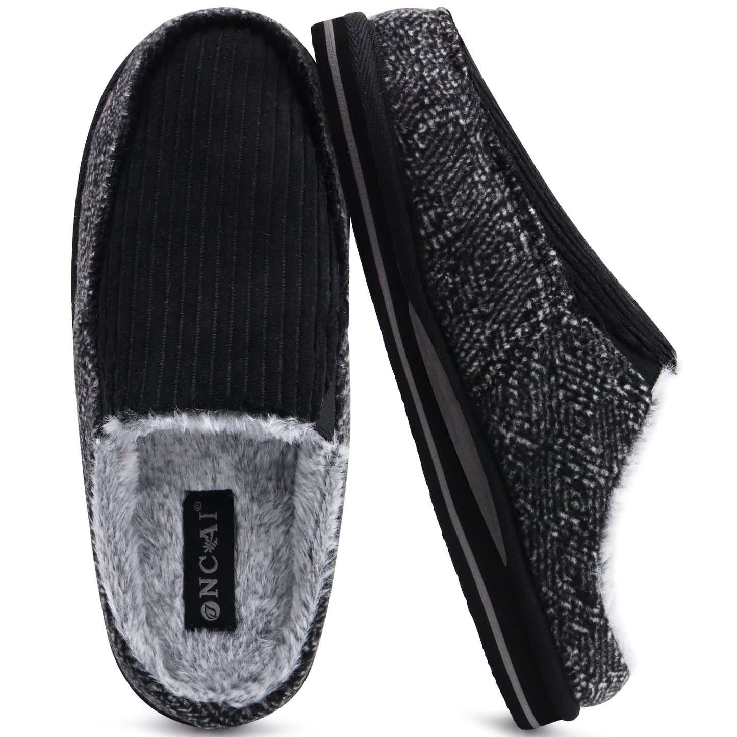 ONCAI Mens Clog Slippers with Arch Support Stripe Faux Fur Cotton-Blend High-Density Memory Foam Warm House Slippers Slip-on Indoor Outdoor Rubber Sole Size 7-16