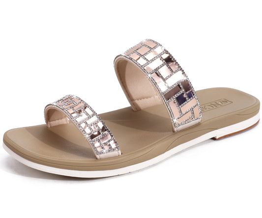 ONCAI Flat Sandals for Women with Glittery Rhinestones Trendy Square Open Toe Summer Dressy Sparkly Slides Sandles with Slip-on Rubber Soles