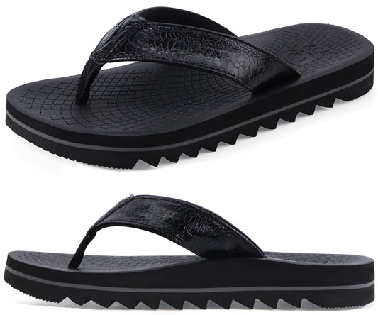 ONCAI Flip Flops for Men, Mens Summer Beach Sandals with Faux Leather Straps and Comfort Cushion Yoga Mat, Arch Support and Non Slip Soles US Size 7-15