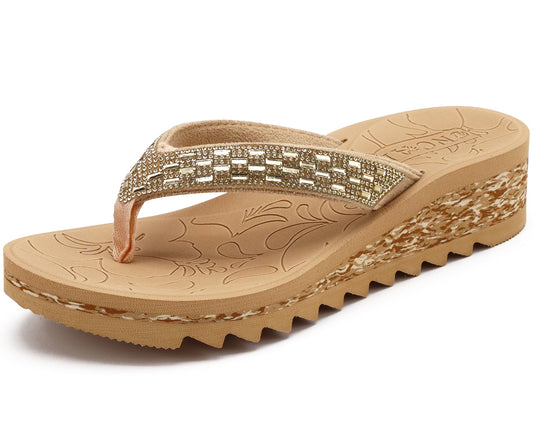 ONCAI Women's Wedge Flip Flops with Rhinestone，Recovery Dressy Walking Sandals for Women with Comfortable Arch Support Cushion Yoga Mat Summer Slip On Rubber Soles (Size 5-11 US)