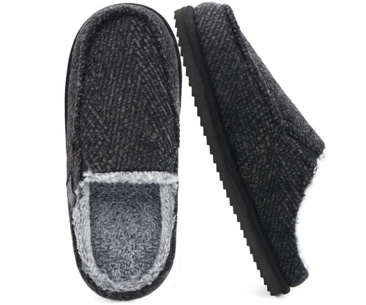 ONCAI Mens Slippers,Warm Comfort Memory Foam Cotton-Blend Corduroy Stripe Faux Fur House Shoes for Man Indoor/Outdoor with Non-slip Rubber Soles US Size 7-16