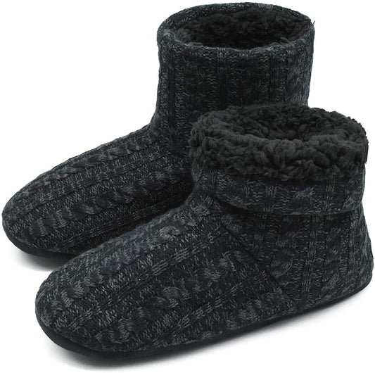 Men’s-Slipper-Boots-Winter-Fleece-House-Slippers Knitted Indoor Flat Warm Wool Booties Pull On Memory Foam Outdoor Non-slip Ankle Bedroom Boot Slippers with Soft Rubber Sole