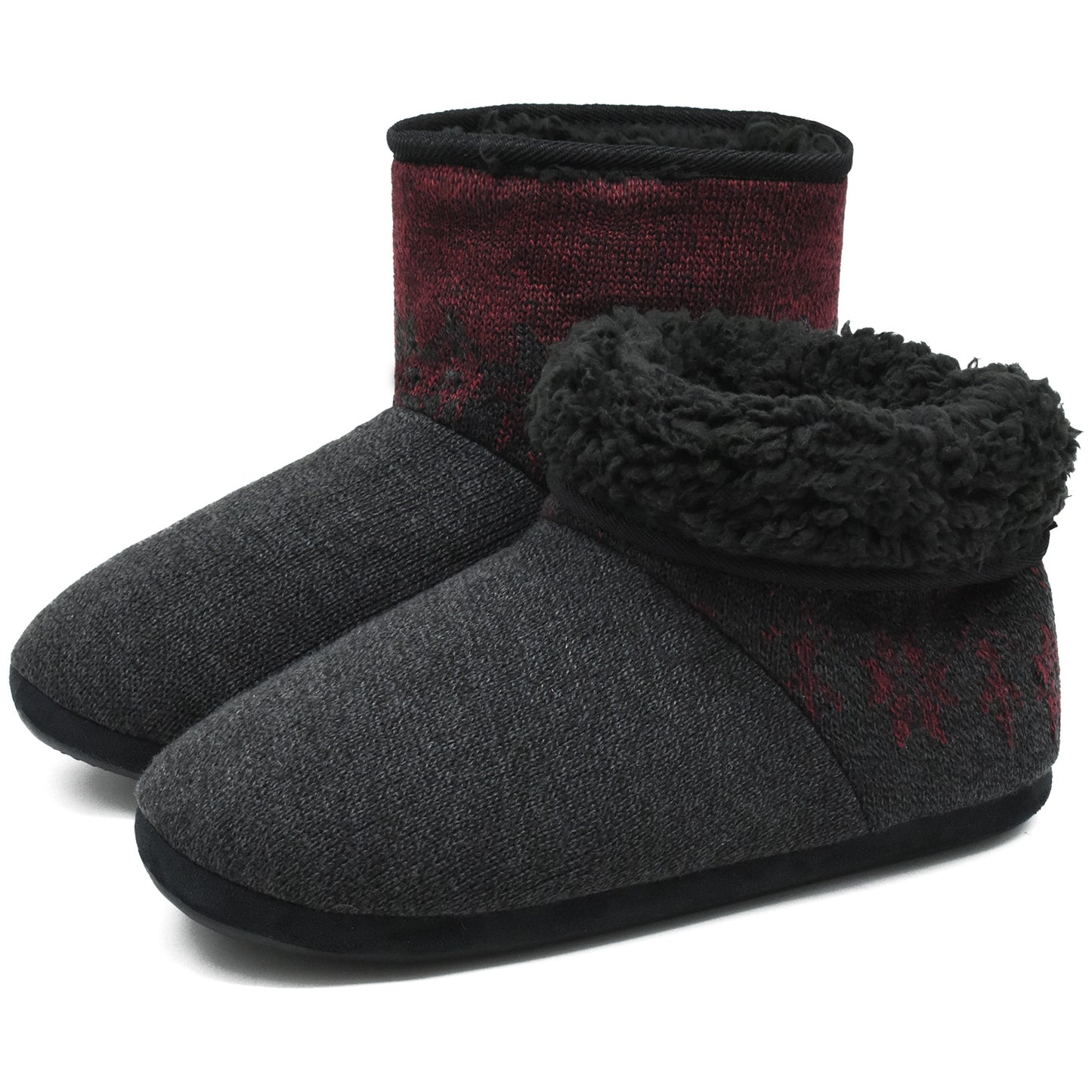 Men’s-Slipper-Boots-Winter-Fleece-House-Slippers Knitted Indoor Flat Warm Wool Booties Pull On Memory Foam Outdoor Non-slip Ankle Bedroom Boot Slippers with Soft Rubber Sole