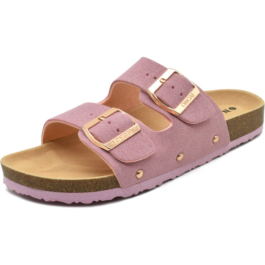 Womens Flat Slide Sandals with Arch Support 2 Strap Adjustable Buckle Slip on Slides Shoes Non Slip Rubber Sole