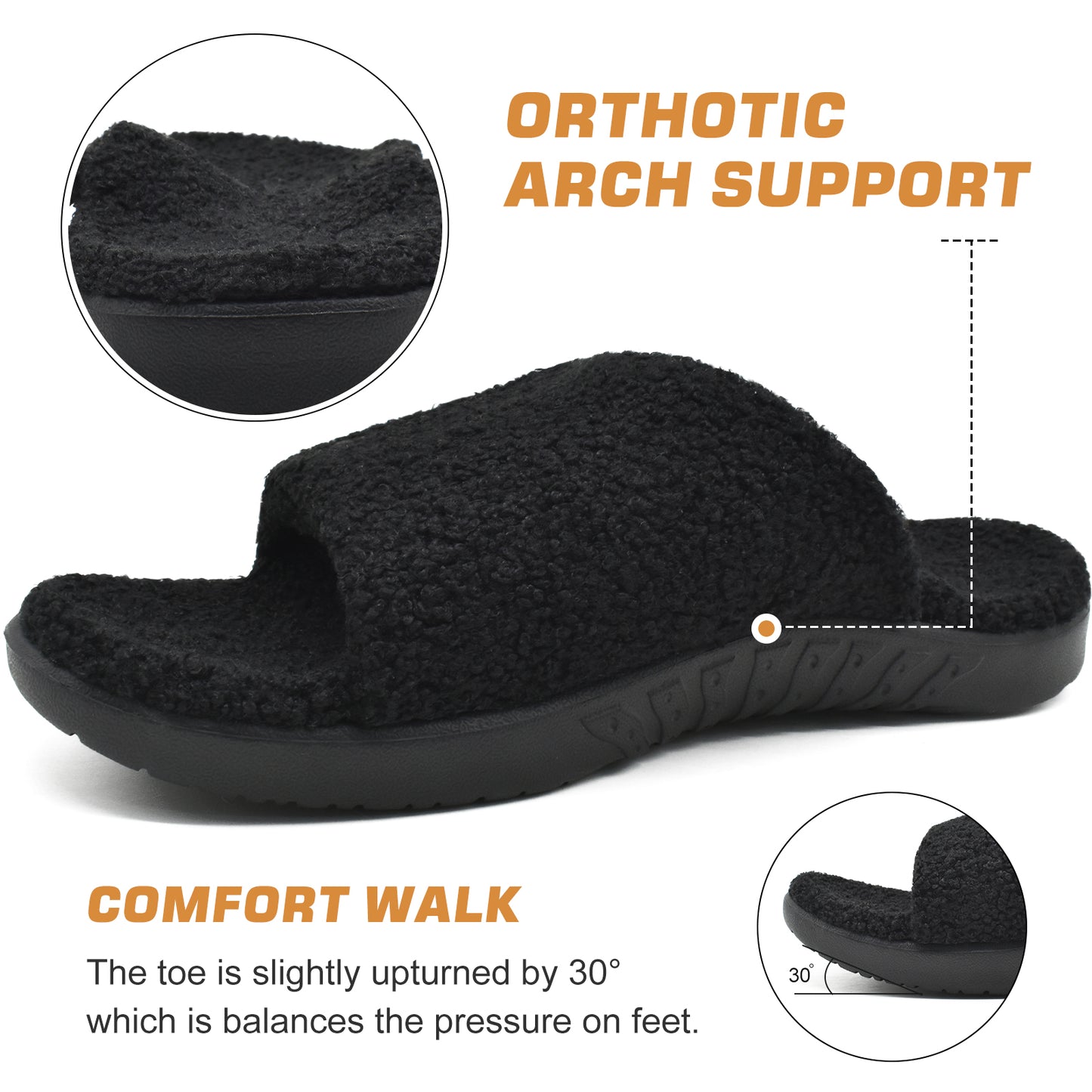 Mens House Slippers with Arch Support，Fur Slides with Orthopedic for Plantar Fasciitis Wide Footbed and Adjustable Straps