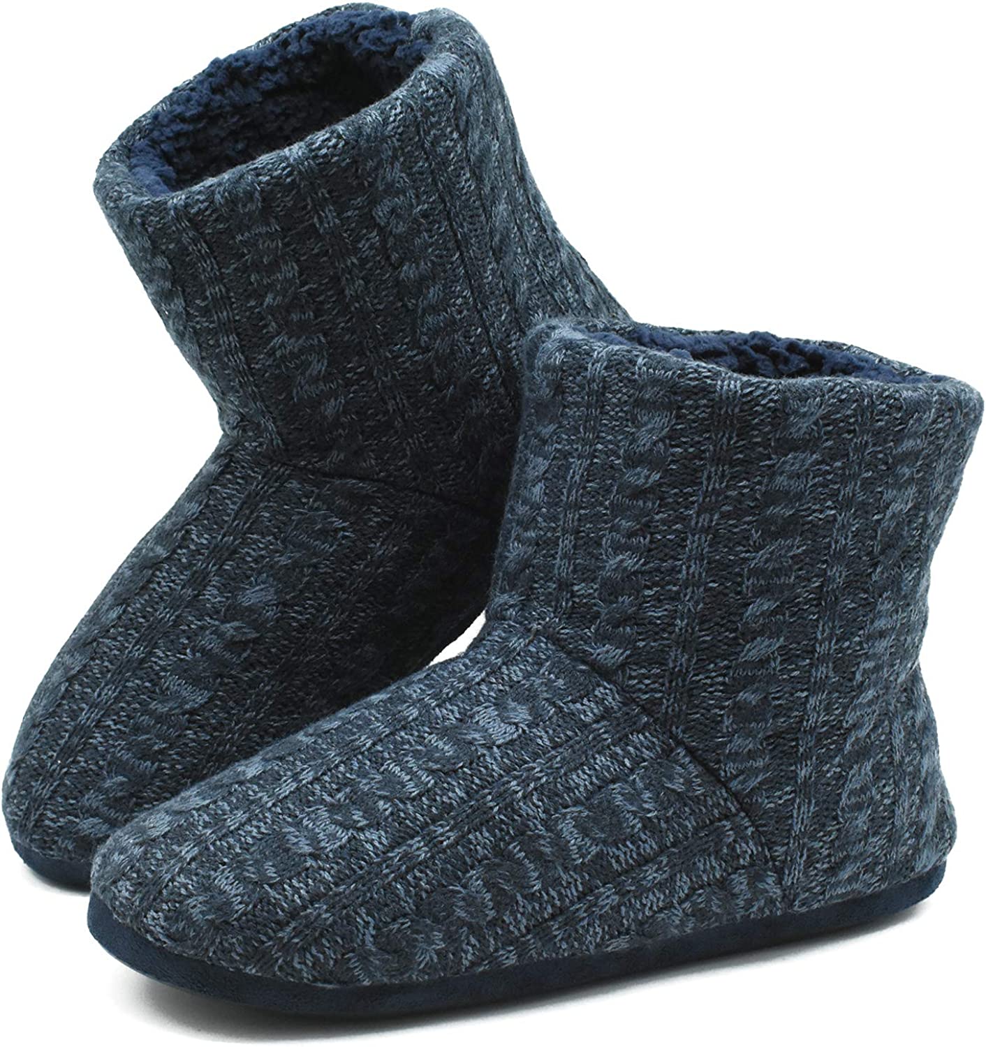 Men’s-Slipper-Boots-Winter-Fleece-House-Slippers Knitted Indoor Flat Warm Wool Booties Pull On Memory Foam Outdoor Non-slip Ankle Bedroom Boot Slippers with Soft Rubber Sole