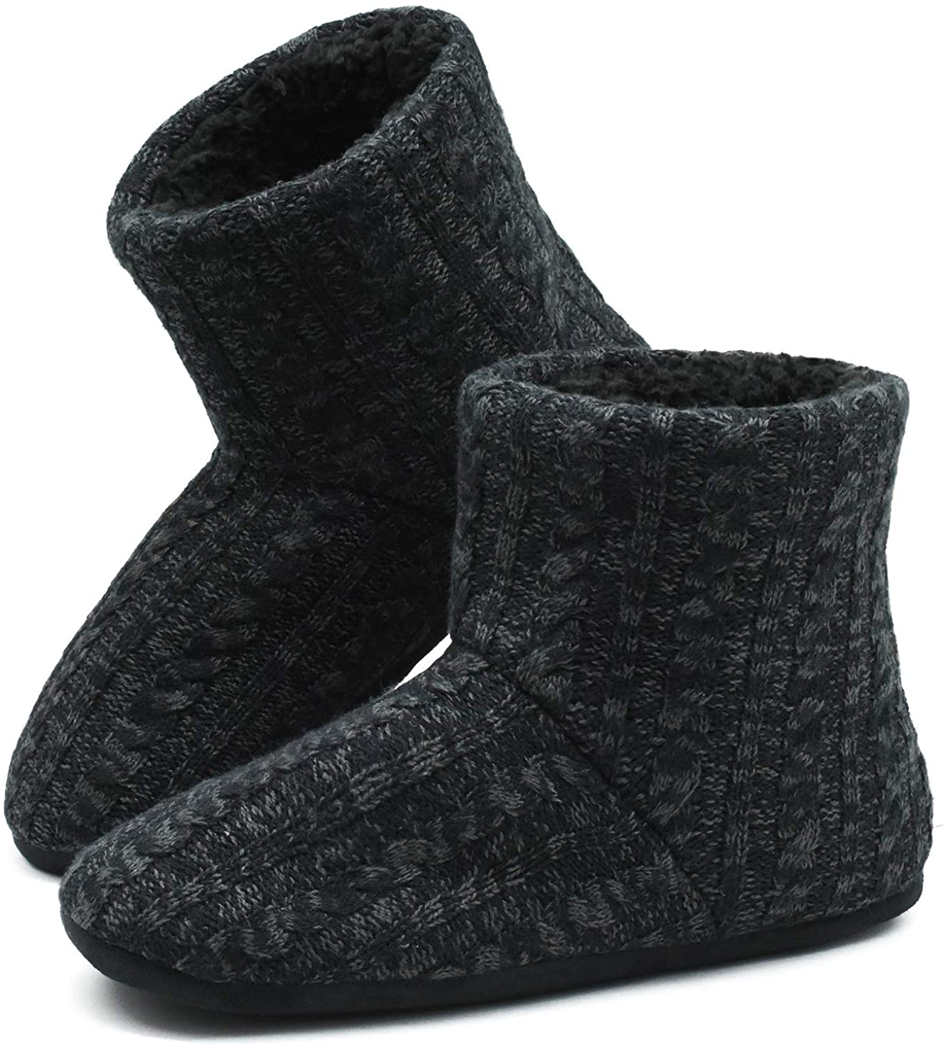 Men’s-Slipper-Boots-Winter-Fleece-House-Slippers Knitted Indoor Flat Warm Wool Booties Pull On Memory Foam Outdoor Non-slip Ankle Bedroom Boot Slippers with Soft Rubber Sole