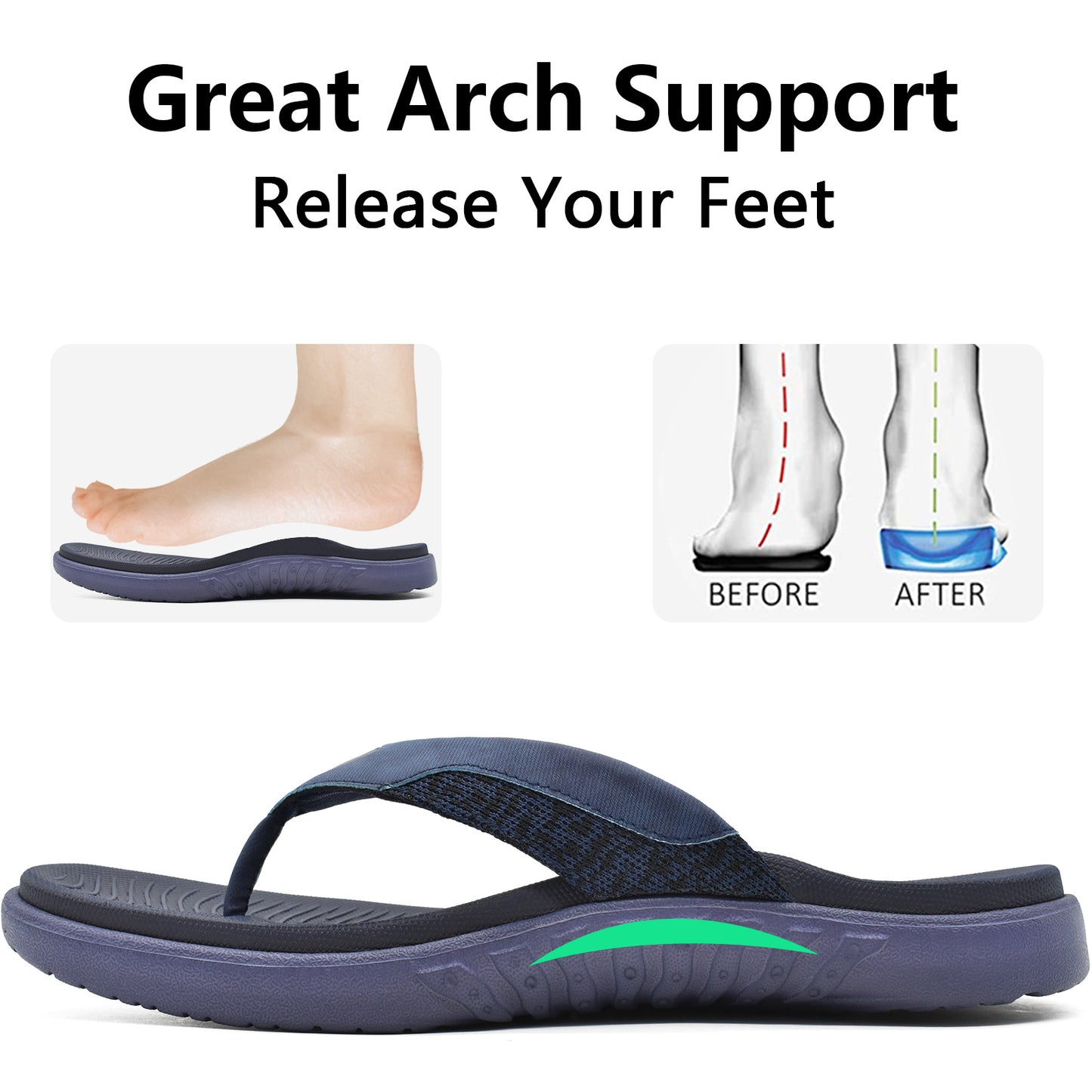 Mens Flip Flop Open Toe Athletic Straps Orthotic Summer Plantar Fasciitis Sport Sandals with Soft Cushion Arch Support