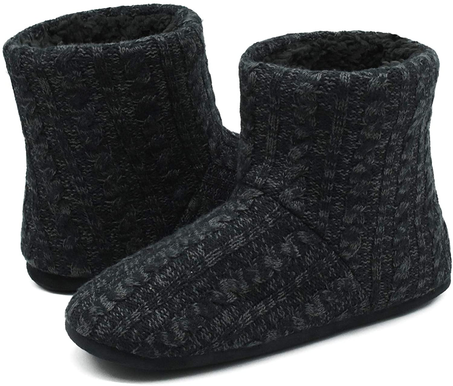 Men’s-Slipper-Boots-Winter-Fleece-House-Slippers Knitted Indoor Flat Warm Wool Booties Pull On Memory Foam Outdoor Non-slip Ankle Bedroom Boot Slippers with Soft Rubber Sole