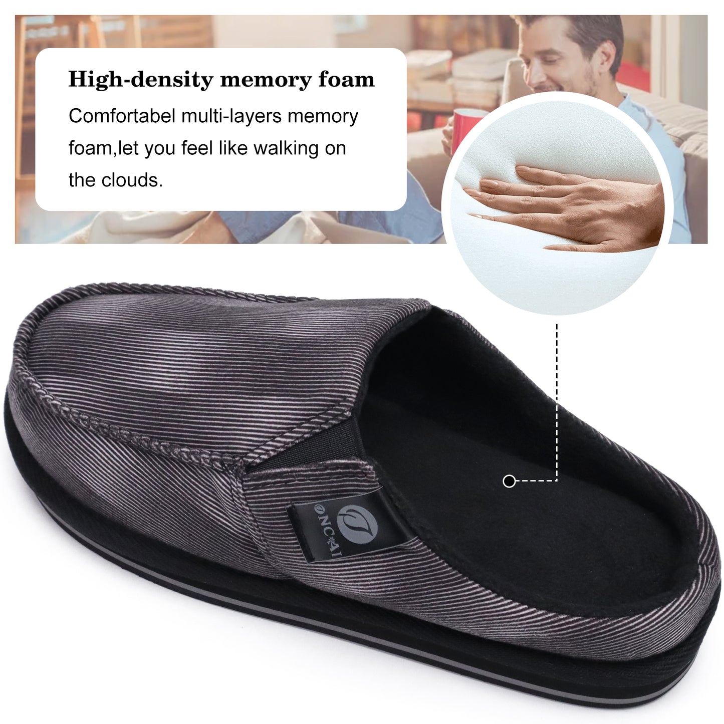 Mens Clog Slippers with Arch Support Stripe Faux Fur Cotton-Blend High-Density Memory Foam Warm House Slippers Slip-on Indoor Outdoor Rubber Sole