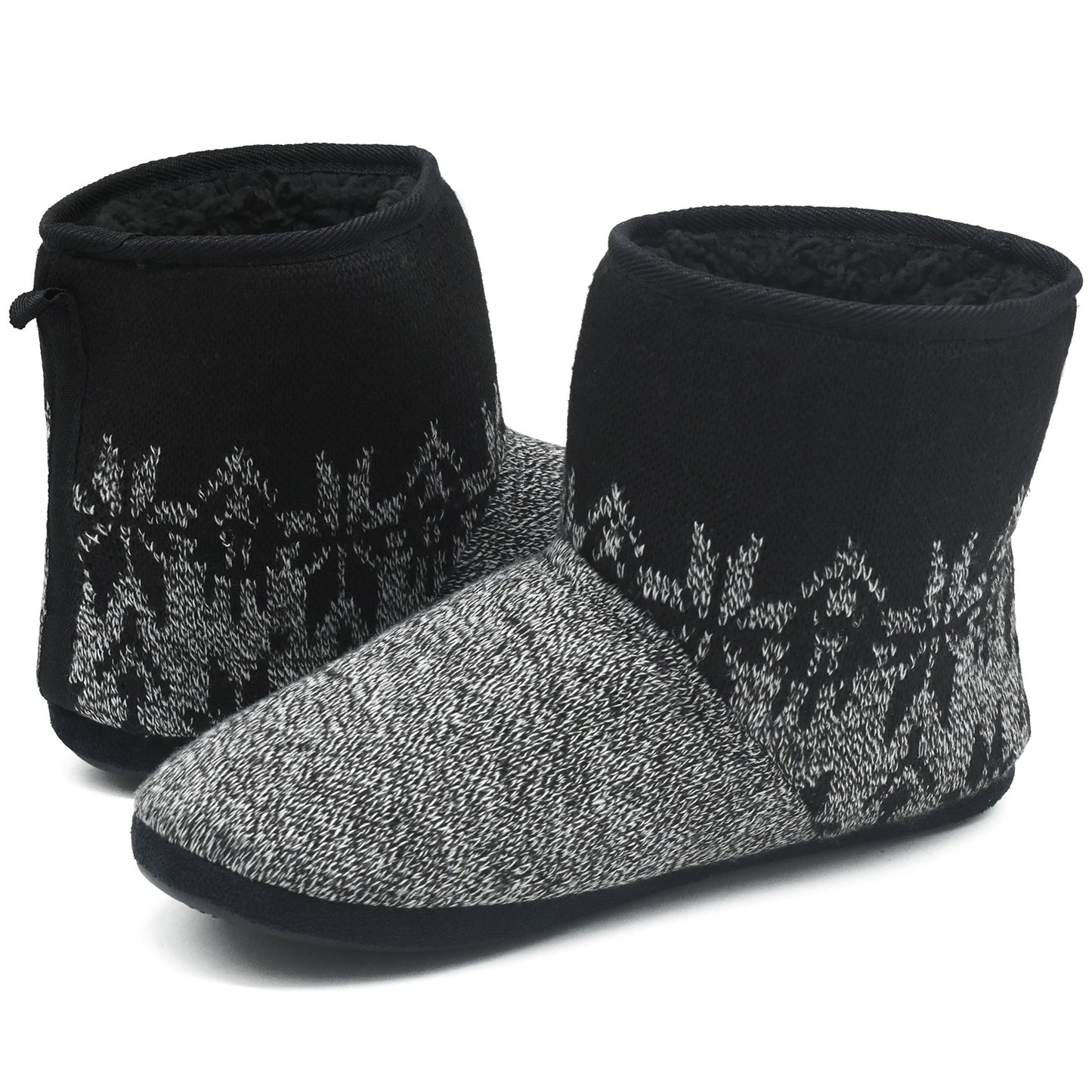 Men’s-Slipper-Boots-Winter-Fleece-House-Slippers Knitted Indoor Flat Warm Wool Booties Pull On Memory Foam Outdoor Non-slip Ankle Bedroom Boot Slippers with Soft Rubber Sole