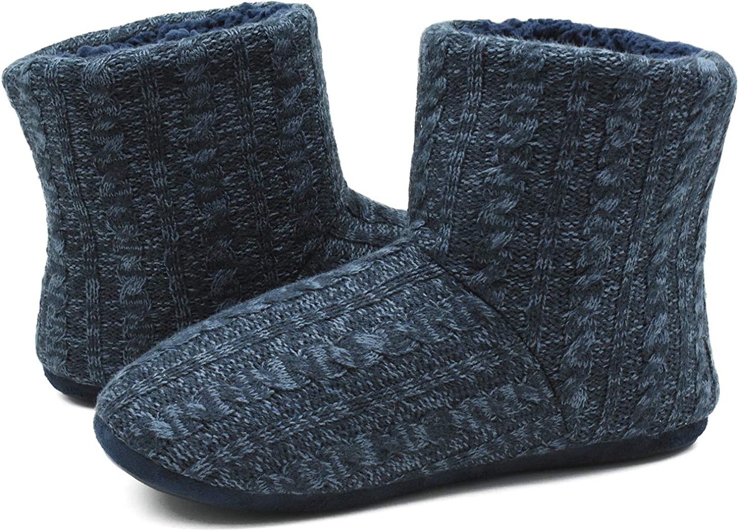 Men’s-Slipper-Boots-Winter-Fleece-House-Slippers Knitted Indoor Flat Warm Wool Booties Pull On Memory Foam Outdoor Non-slip Ankle Bedroom Boot Slippers with Soft Rubber Sole