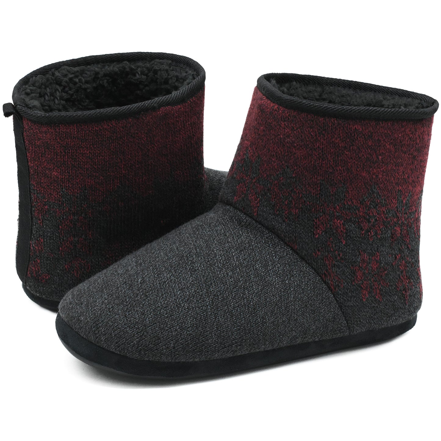 Men’s-Slipper-Boots-Winter-Fleece-House-Slippers Knitted Indoor Flat Warm Wool Booties Pull On Memory Foam Outdoor Non-slip Ankle Bedroom Boot Slippers with Soft Rubber Sole