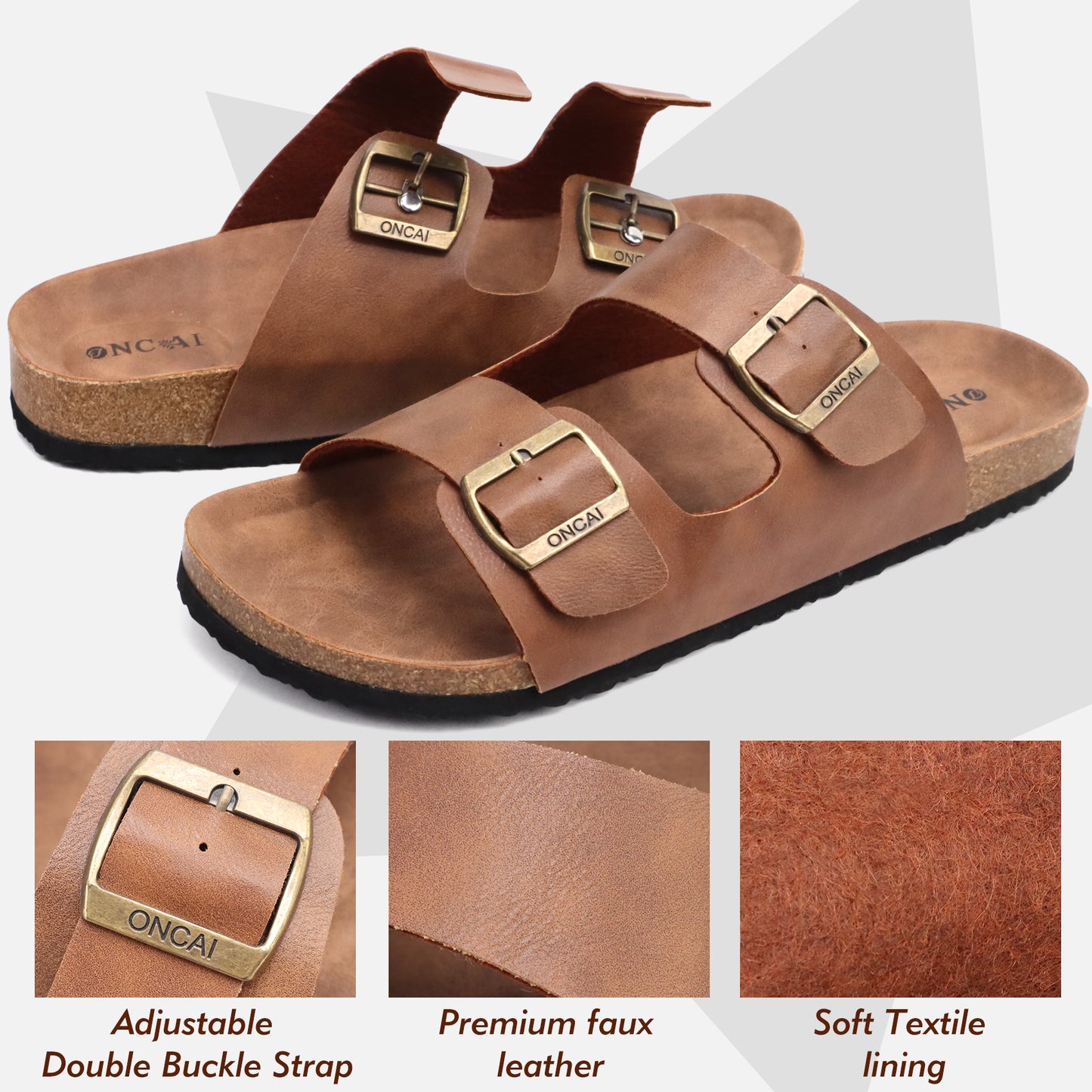 Mens Sandals,Beach Slides Cork Footbed Slippers with Adjustable Buckle Straps