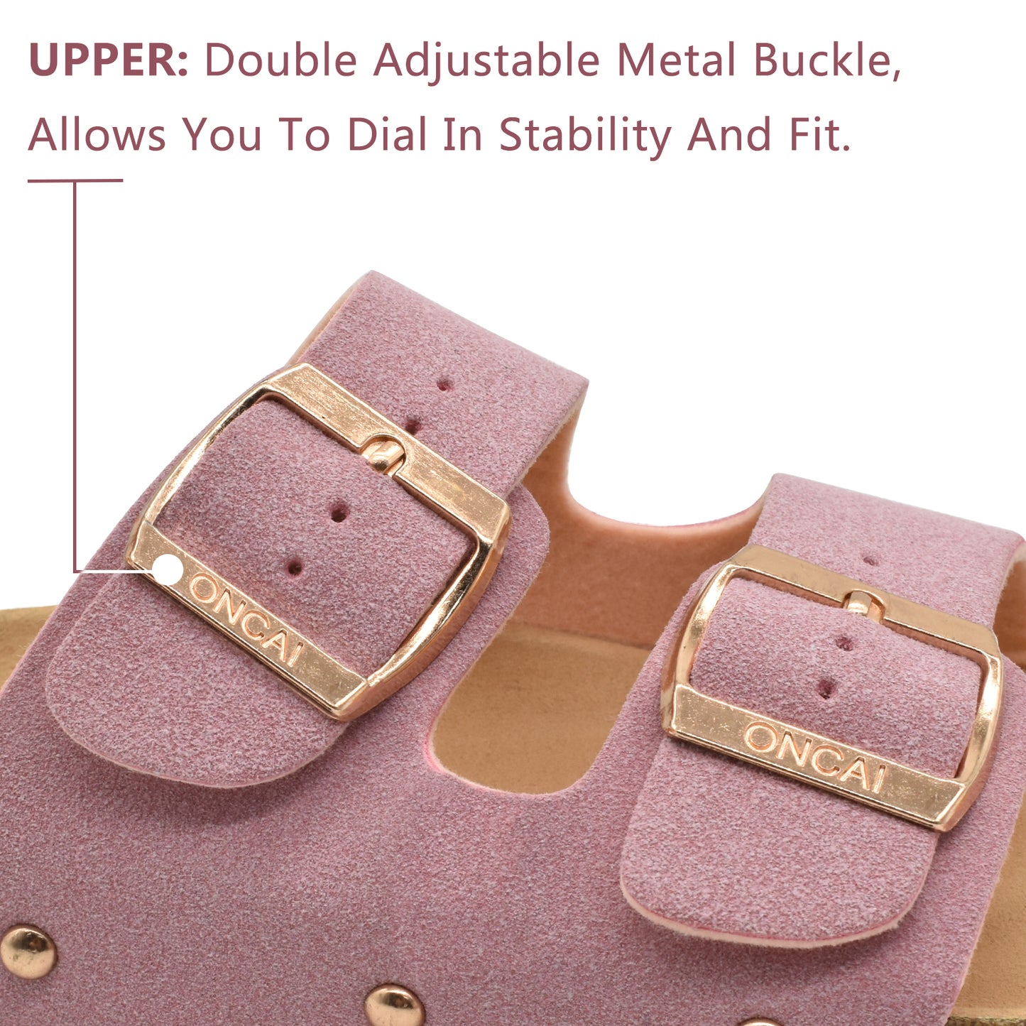 Womens Flat Slide Sandals with Arch Support 2 Strap Adjustable Buckle Slip on Slides Shoes Non Slip Rubber Sole