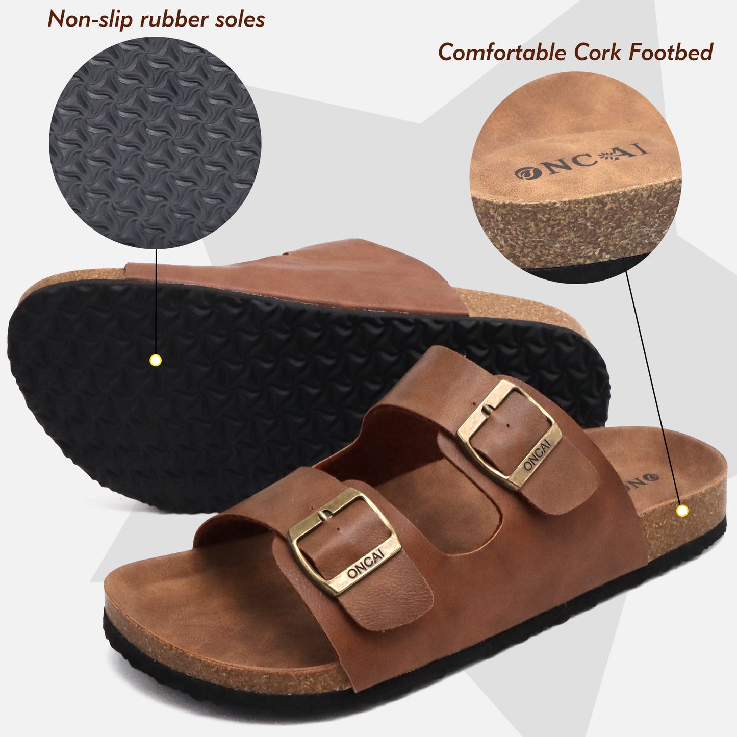 Mens Sandals,Beach Slides Cork Footbed Slippers with Adjustable Buckle Straps