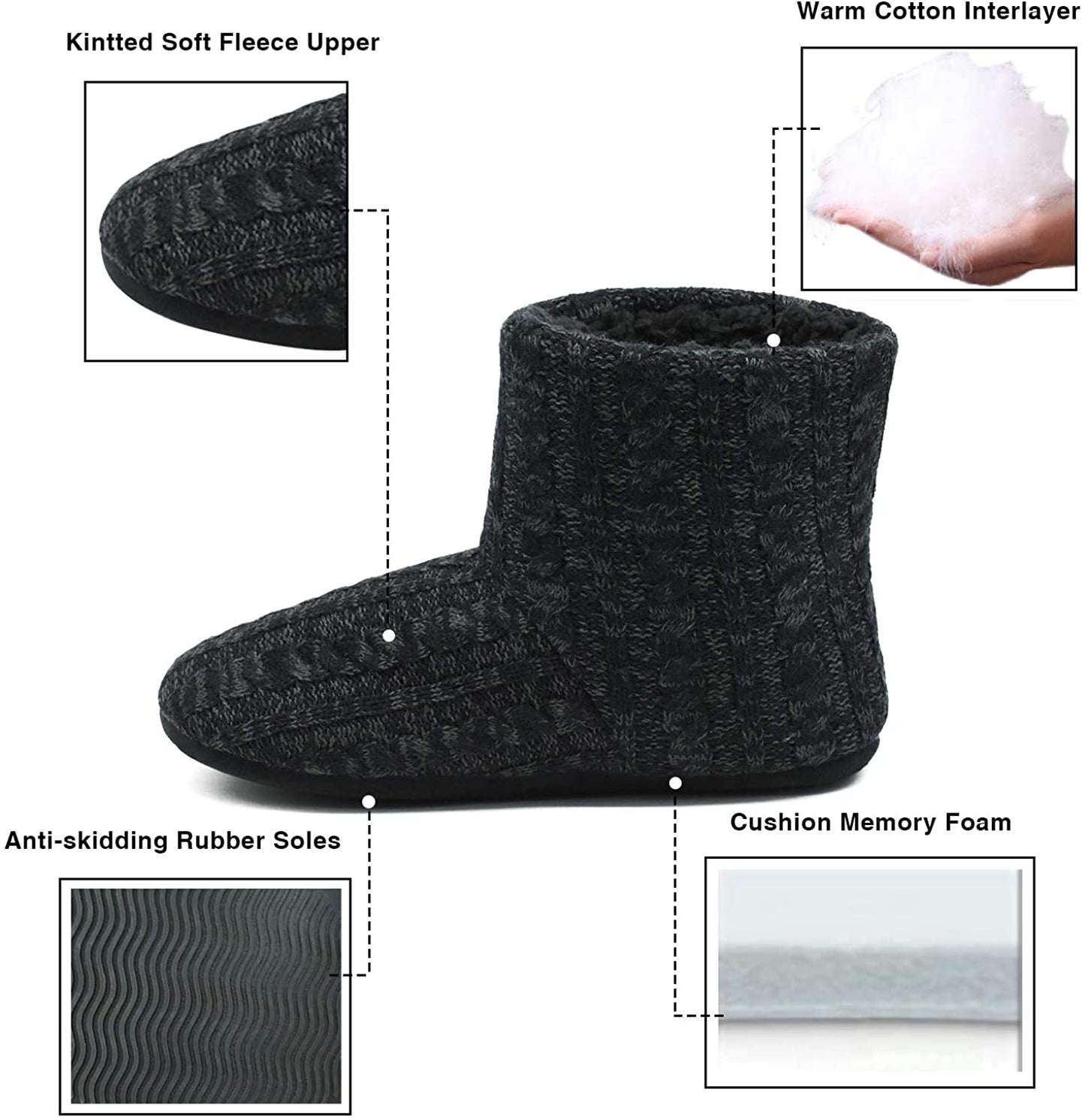 Men’s-Slipper-Boots-Winter-Fleece-House-Slippers Knitted Indoor Flat Warm Wool Booties Pull On Memory Foam Outdoor Non-slip Ankle Bedroom Boot Slippers with Soft Rubber Sole