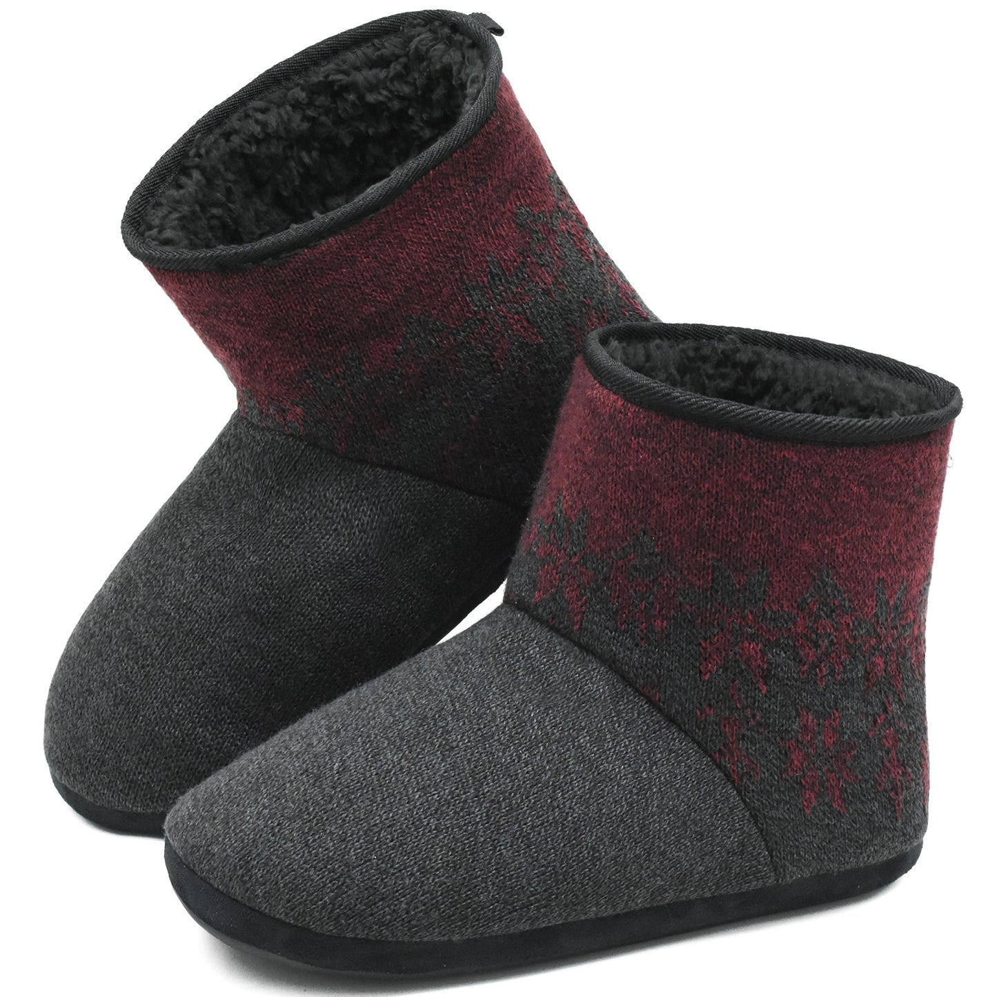 Men’s-Slipper-Boots-Winter-Fleece-House-Slippers Knitted Indoor Flat Warm Wool Booties Pull On Memory Foam Outdoor Non-slip Ankle Bedroom Boot Slippers with Soft Rubber Sole