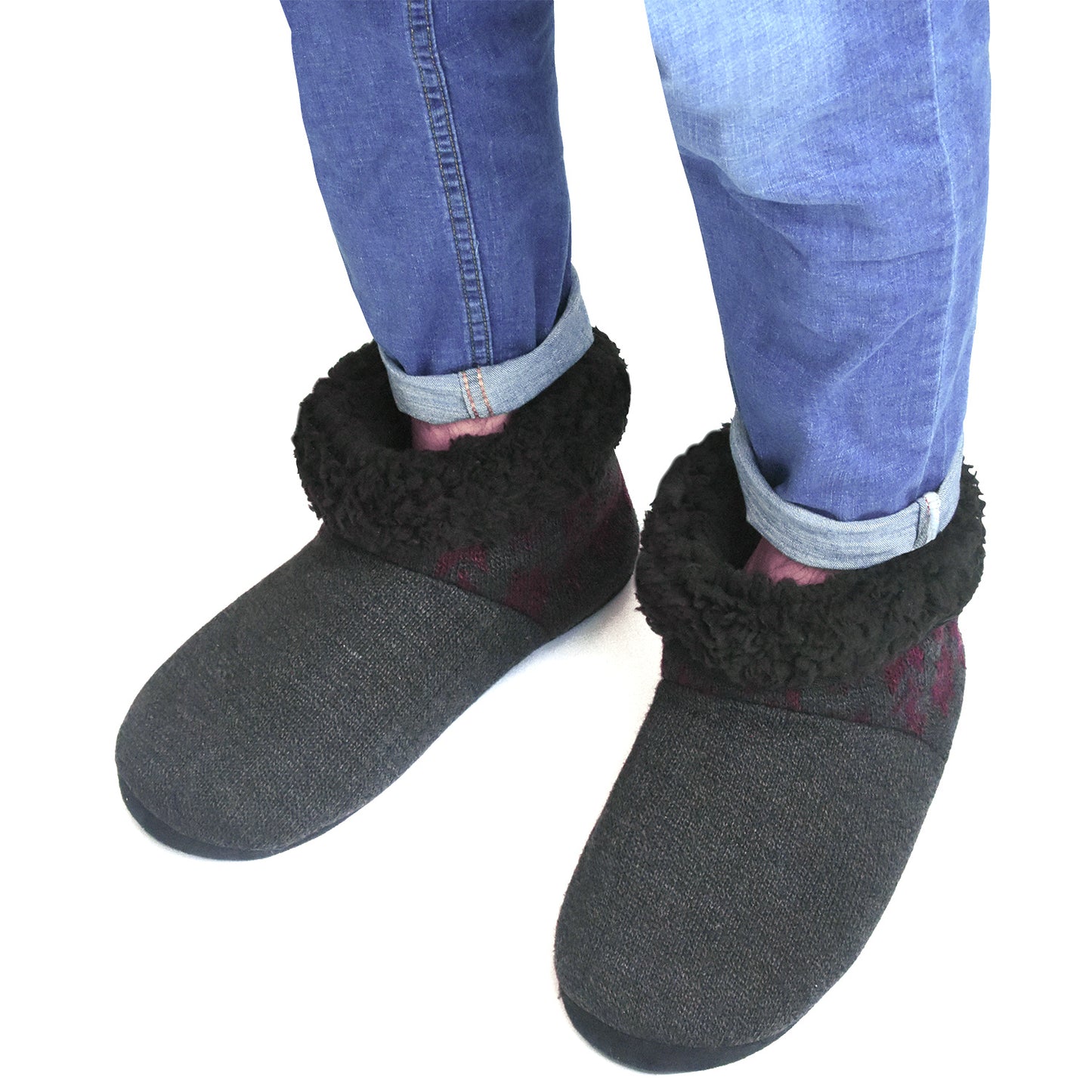 Men’s-Slipper-Boots-Winter-Fleece-House-Slippers Knitted Indoor Flat Warm Wool Booties Pull On Memory Foam Outdoor Non-slip Ankle Bedroom Boot Slippers with Soft Rubber Sole