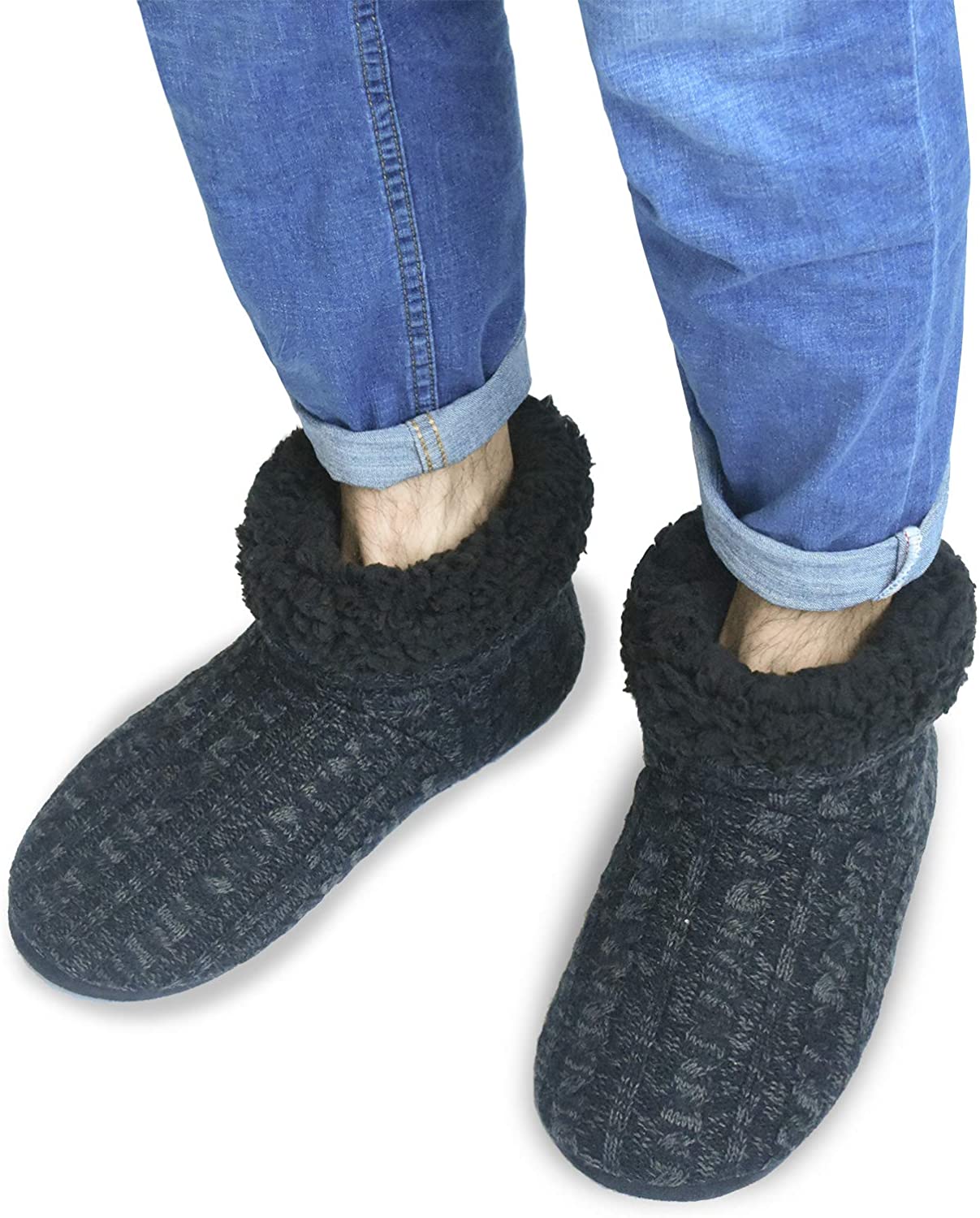 Men’s-Slipper-Boots-Winter-Fleece-House-Slippers Knitted Indoor Flat Warm Wool Booties Pull On Memory Foam Outdoor Non-slip Ankle Bedroom Boot Slippers with Soft Rubber Sole