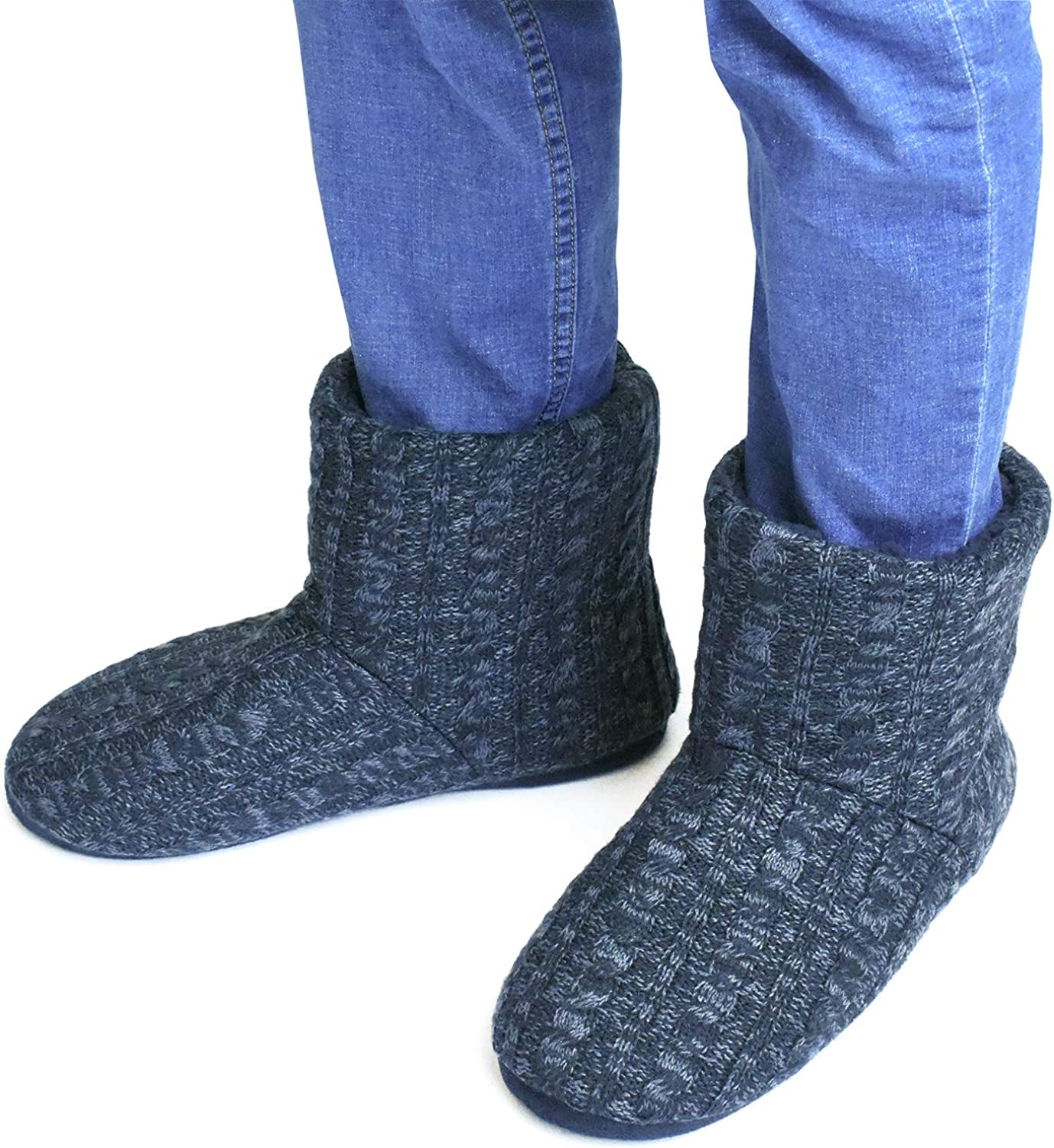 Men’s-Slipper-Boots-Winter-Fleece-House-Slippers Knitted Indoor Flat Warm Wool Booties Pull On Memory Foam Outdoor Non-slip Ankle Bedroom Boot Slippers with Soft Rubber Sole