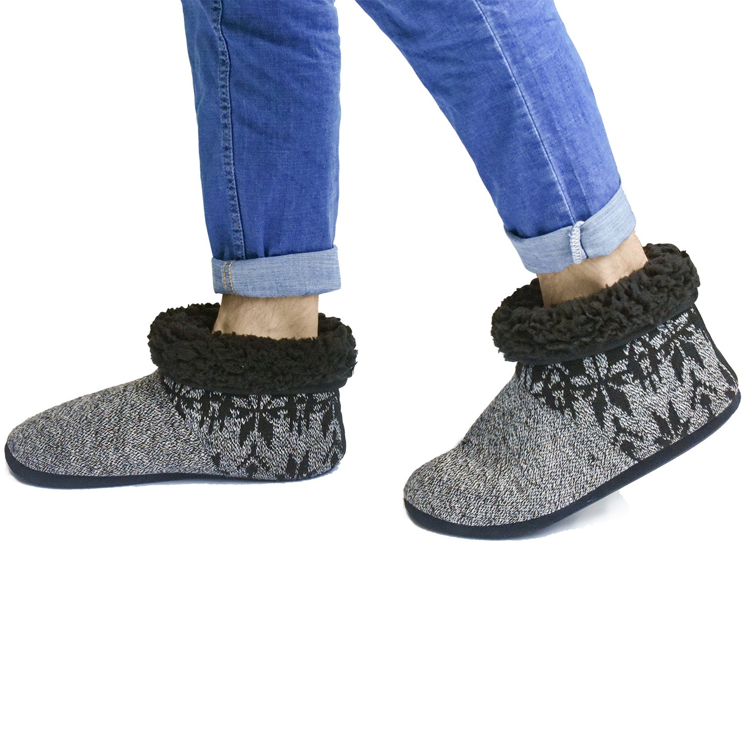 Men’s-Slipper-Boots-Winter-Fleece-House-Slippers Knitted Indoor Flat Warm Wool Booties Pull On Memory Foam Outdoor Non-slip Ankle Bedroom Boot Slippers with Soft Rubber Sole