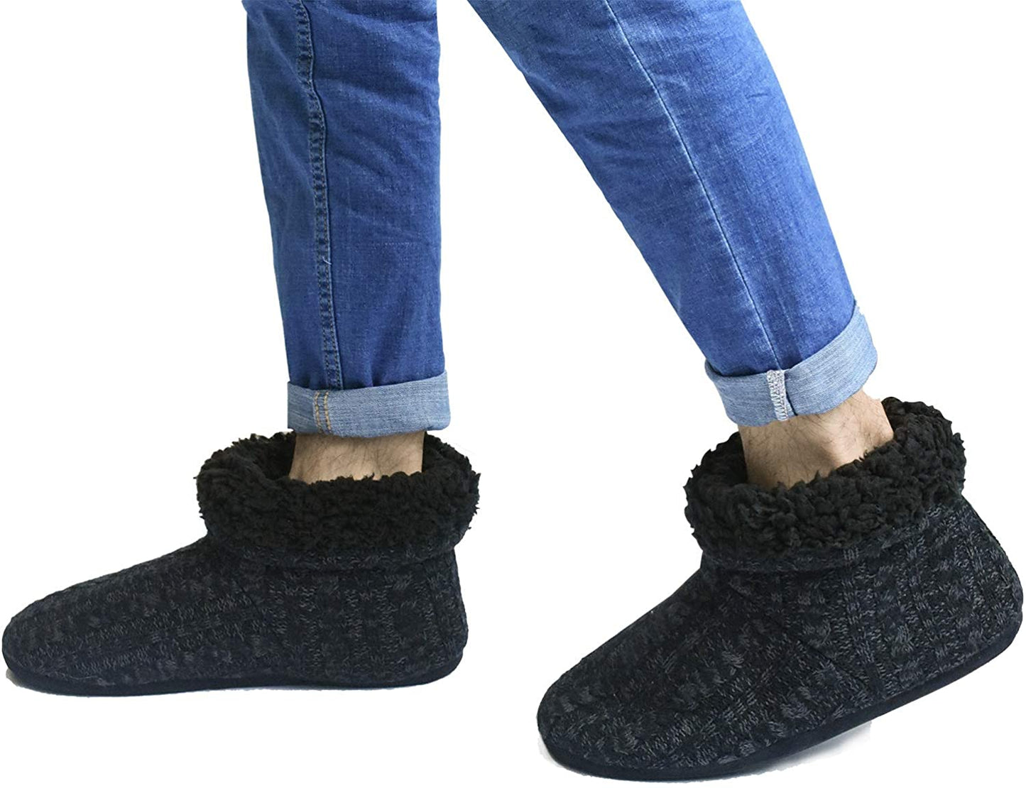 Men’s-Slipper-Boots-Winter-Fleece-House-Slippers Knitted Indoor Flat Warm Wool Booties Pull On Memory Foam Outdoor Non-slip Ankle Bedroom Boot Slippers with Soft Rubber Sole