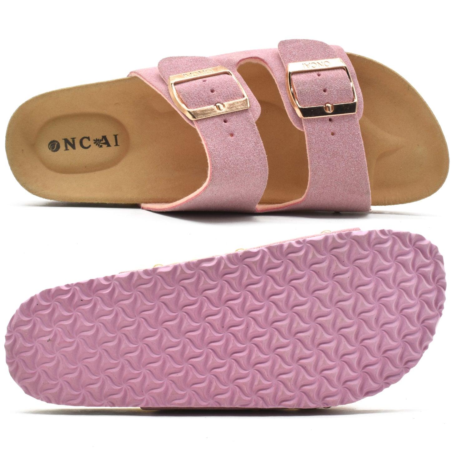 Womens Flat Slide Sandals with Arch Support 2 Strap Adjustable Buckle Slip on Slides Shoes Non Slip Rubber Sole