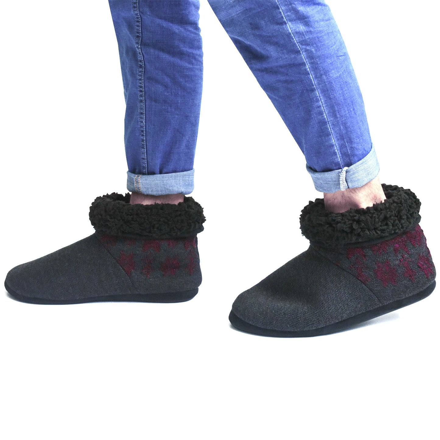 Men’s-Slipper-Boots-Winter-Fleece-House-Slippers Knitted Indoor Flat Warm Wool Booties Pull On Memory Foam Outdoor Non-slip Ankle Bedroom Boot Slippers with Soft Rubber Sole