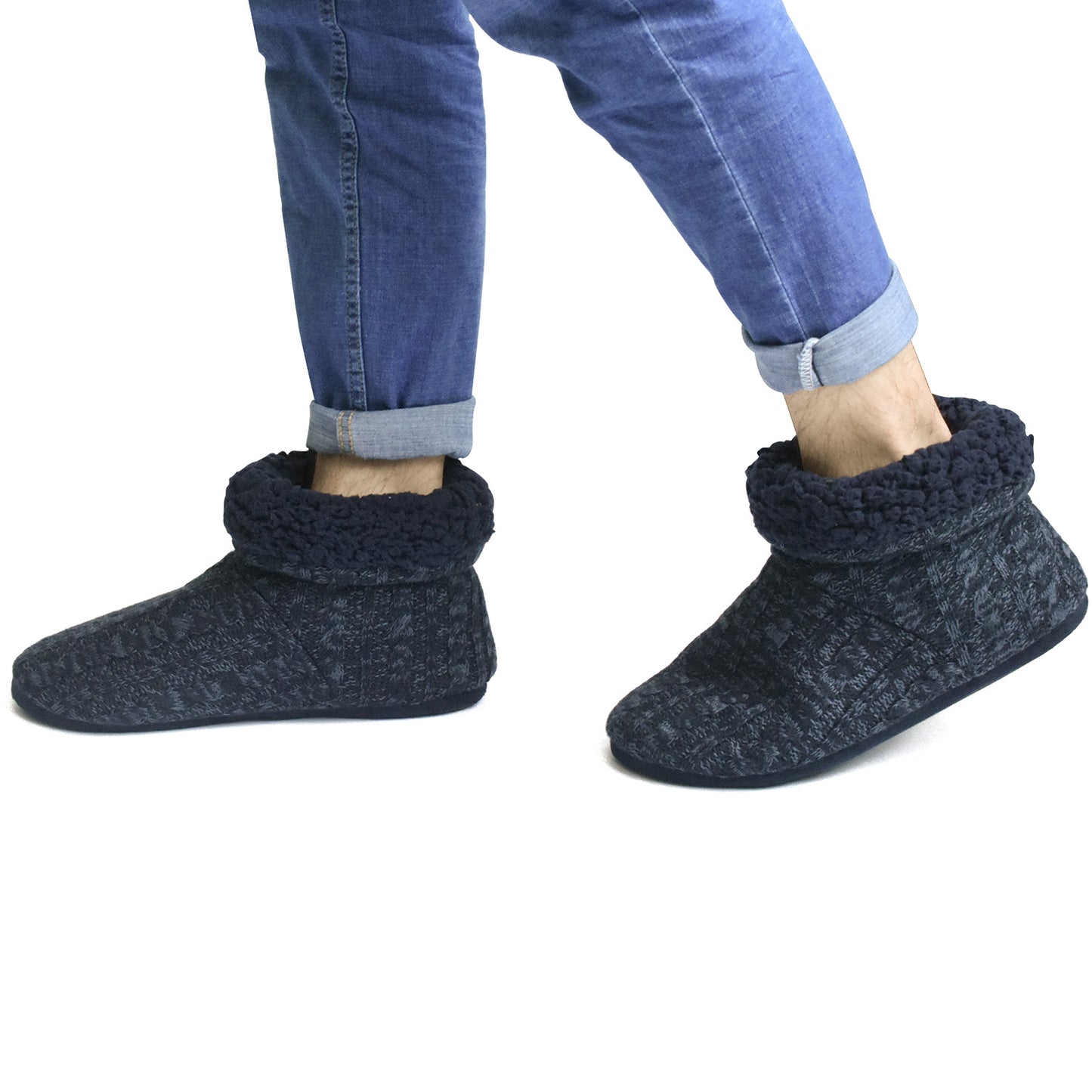 Men’s-Slipper-Boots-Winter-Fleece-House-Slippers Knitted Indoor Flat Warm Wool Booties Pull On Memory Foam Outdoor Non-slip Ankle Bedroom Boot Slippers with Soft Rubber Sole