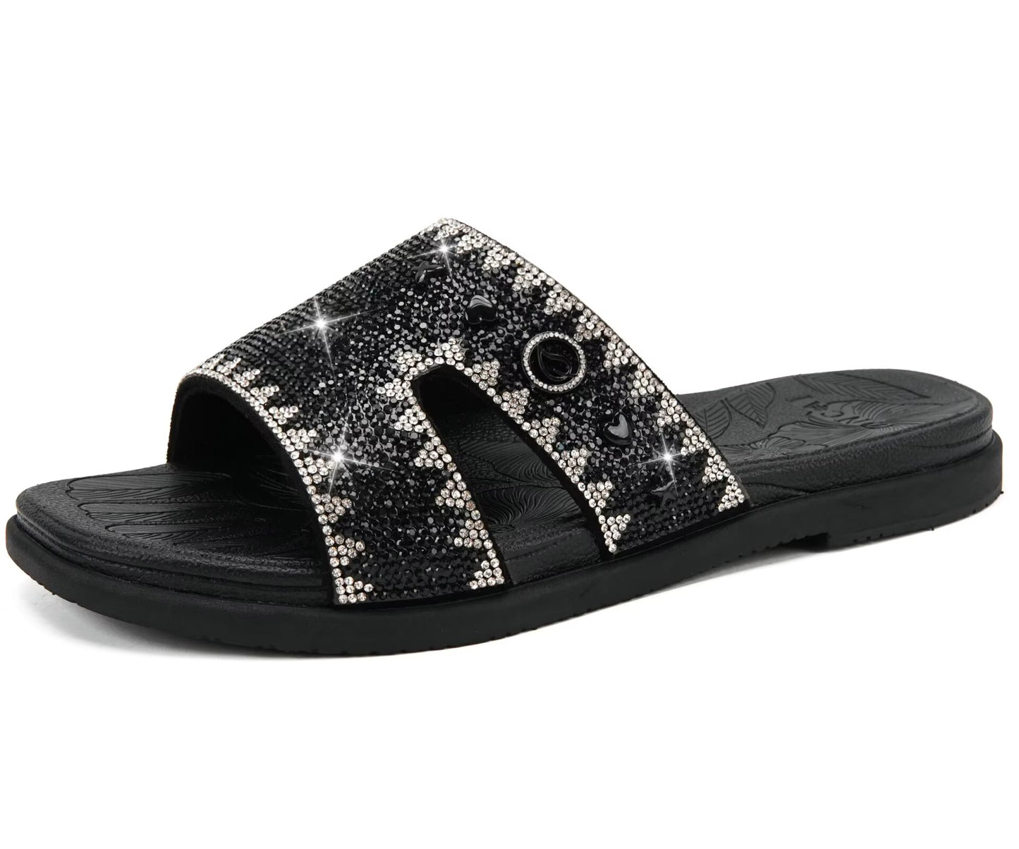 ONCAI Womens Sandals Rhinestone Ladies Flat Slides Glitter Sparkly Summer Casual Comfort Square Open Toe Sandalias Mujer with Outdoor Rubber Soles US Size 6-12