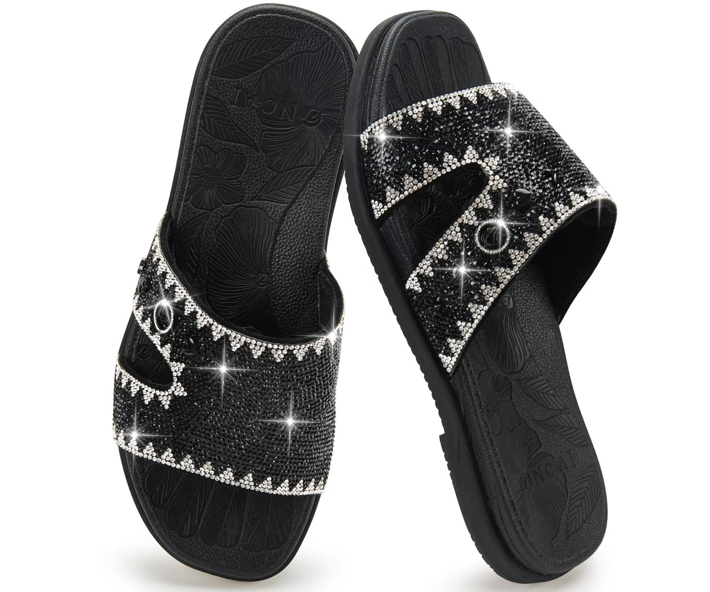 ONCAI Womens Sandals Rhinestone Ladies Flat Slides Glitter Sparkly Summer Casual Comfort Square Open Toe Sandalias Mujer with Outdoor Rubber Soles US Size 6-12