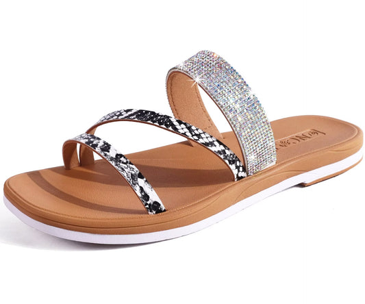 ONCAI Women's Flat Sandals Summer Dressy Casual Sandals Women Fashion Rhinestone Square Toe Slip On Ladies Slides Comfortable Cushion Footbed Beach Flat Sandal For Woman Size 6-11