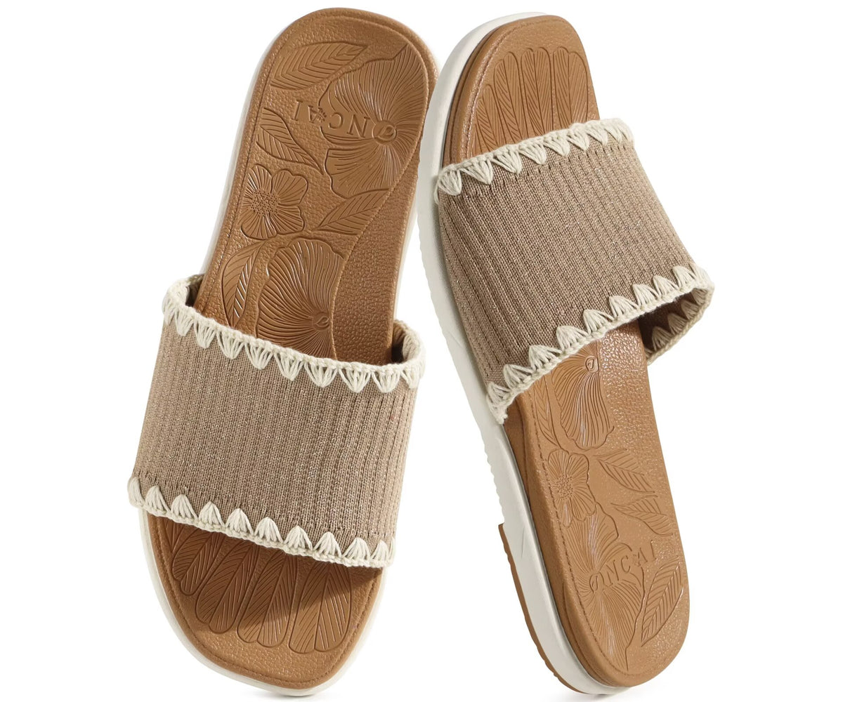 ONCAI Women¡¯s Flat Slides Sandals Soft Knitted with Golden Thread Inlay Summer Vacation Walking Sandalias Mujer with Outdoor Rubber Soles US Size 6-11