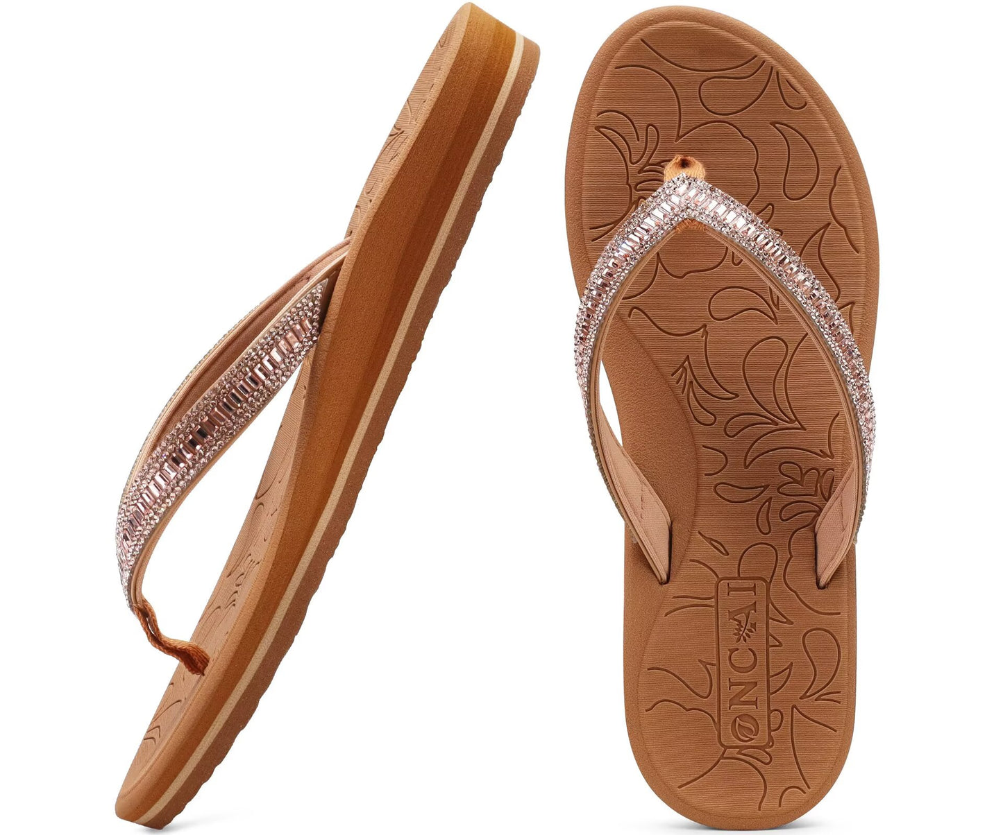 ONCAI Women's Flip Flops with Rhinestone, Arch Support Yoga Mat Comfort Walking Summer Beach Thong Sandals with Orthopedic Plantar Fasciitis Rubber Soles