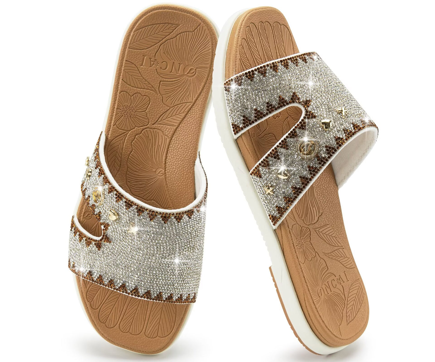 ONCAI Womens Sandals Rhinestone Ladies Flat Slides Glitter Sparkly Summer Casual Comfort Square Open Toe Sandalias Mujer with Outdoor Rubber Soles US Size 6-12
