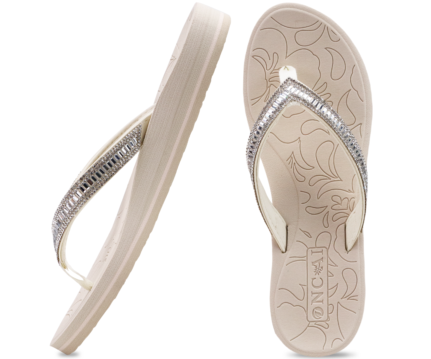 ONCAI Women's Flip Flops with Rhinestone, Arch Support Yoga Mat Comfort Walking Summer Beach Thong Sandals with Orthopedic Plantar Fasciitis Rubber Soles