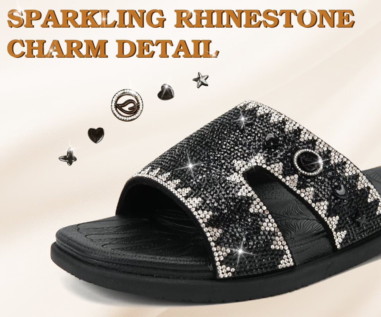 ONCAI Womens Sandals Rhinestone Ladies Flat Slides Glitter Sparkly Summer Casual Comfort Square Open Toe Sandalias Mujer with Outdoor Rubber Soles US Size 6-12