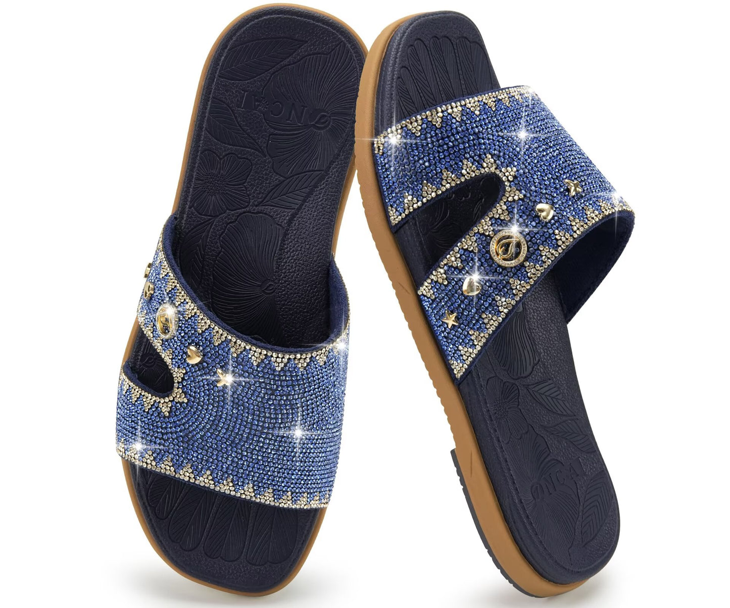 ONCAI Womens Sandals Rhinestone Ladies Flat Slides Glitter Sparkly Summer Casual Comfort Square Open Toe Sandalias Mujer with Outdoor Rubber Soles US Size 6-12